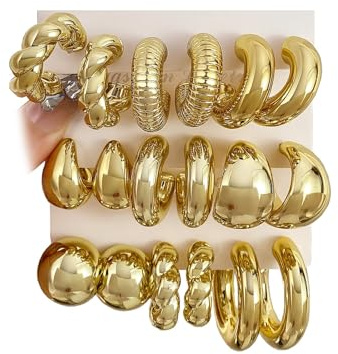 Pendientes Aro Oro Mujer, 9 Pares Pendientes de Aro Retorcidos, Aretes Gruesos Dorados, Aros Retorcidos Huggie Gruesos y Dorados, para Regalos de Cumpleaños de Mujeres,Ohrringe Set Gold
