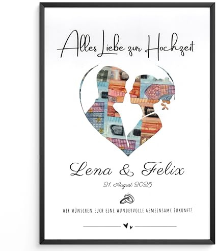 Personalisiertes Geldgeschenk zur Hochzeit | Geschenk für das Brautpaar | Mit hochwertigem A4 Bilderrahmen | Kreative Möglichkeit zum Geldverschenken im DIN A4 Format. (Ein Paar mit Herz)