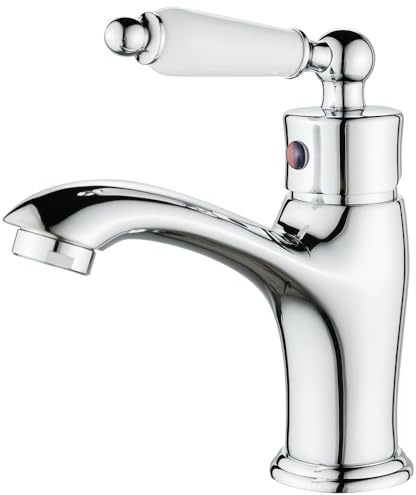 Maynosi Traditional Bathroom Basin Mixer Tap, Luxury Victorian Basin Mixer, Single Lever Mono Sink Tap with Flexible Tails, Retro Ceramic Handle Faucet for Cloakroom, Solid Brass (Chrome)