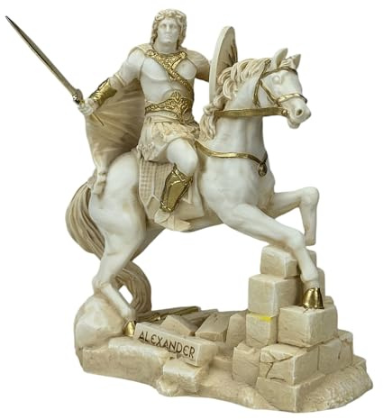 Alexander The Great on Horseback staty – 16 cm gjuten marmor skulptur patina färg | handgjord i Grekland | Klassisk grekisk dekor