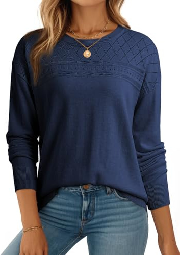 Dokotoo Pull Femme Chic et Elegant Pulls en Mélange de Cachemire Tricoté Chaud Sweat à Col Rond et Manches Longues Pullover Léger Automne Hiver Mode Haut, Bleu, XL