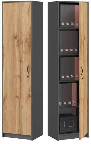 BDW - Armadio per documenti – con serratura – 44,5 x 35 x 180 cm – alto e stretto, versatile – Dimensioni compatte, per ufficio, spazio di lavoro – SARA Grafite/Rovere Wotan