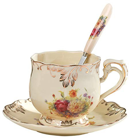 YOLIFE Tea Cup and Saucer Set, 200 ml Ivory China Teacup and Saucer Set- Flowering Shrubs