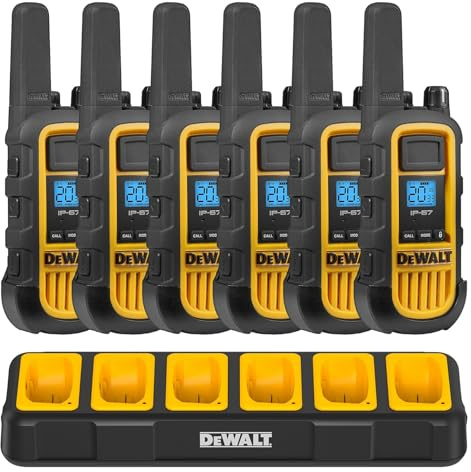 DEWALT DXFRS800 FRS Walkie Talkies, Long Range 2 Way Radio, 2W, IP67 Waterproof, 6 Pack with Gang Charger, DXFRS800-BCH6