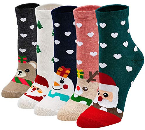 Chaussettes de Noël Femme Chaussettes Fantaisie en Coton, Bas de Noël Femme Socquettes Fille Chaussettes d'animaux, 5 Paire Multicolor Bleu, gris, blanc, rose 37-43