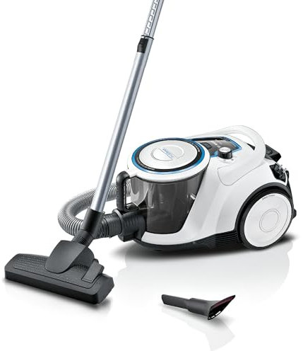 Bosch Staubsauger beutellos Serie 6 BGC41LSIL, Bodenstaubsauger, ideal für Allergiker, Hygiene-Filter, für Parkett, Teppich, Fliesen, leise, langes Kabel, Polster-Düse, weiß