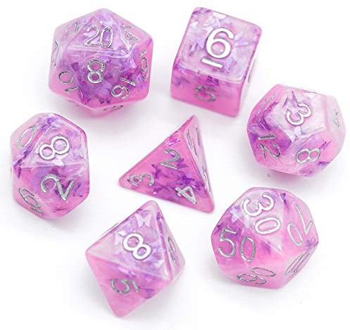 World of Dice Pink Butterfly - 7-teiliges Pen & Paper Würfelset, RPG-Würfel, Einsteigerset, für DSA, Dungeons and Dragons, 20-seitige Würfel, pink