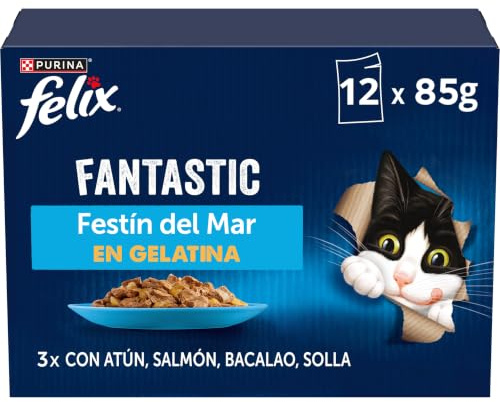FELIX Fantastic Comida Húmeda para Gatos Festín del Mar, 12 Sobres Fáciles de Servir, Tiernos Trozos en Gelatina, 4 Deliciosos Sabores, Nutrición 100% Completa y Equilibrada