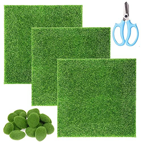 Cayway 19 Stück Künstliche Rasen Miniatur und Künstliche Moosfelsen Dekorative, 30 x 30CM Stück Kunstrasen Rasen, Grüne Moosbälle Künstliche Moos Steine, Blumenschere für Miniatur-Ornament, Garten