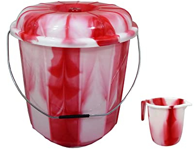 Set of 2- Tiedye Design 25L Litre Extra Large Bucket Bin Lid With 1.5L Plastic Water Jug with Handle and Spout Kitchen Plastic Mugs for Bathroom/Home/Kitchen (Red)