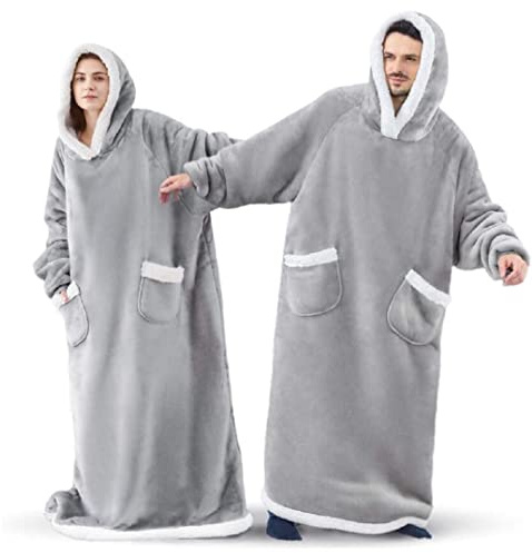 Kuscheldecke mit Ärmeln,Oversized Decke Hoodie Sweatshirt,Tragbare Decken | Grau,Flauschige Flanell TV-Decke mit Ärmel,Sherpa Kapuzenpullover für Damen\Herren,ÖKO-TEX Zertifiziert,Ganzkörperdecke
