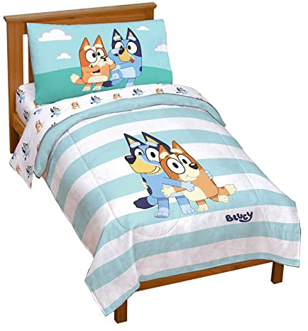 Jay Franco Bluey & Bingo 4 Piece Toddler Bedding Set – Includes Comforter, Sheets & Pillowcase, Super Soft Fade Resistant Microfiber, Official Licensed Toddler Bed Set for Boys and Girls, Blue