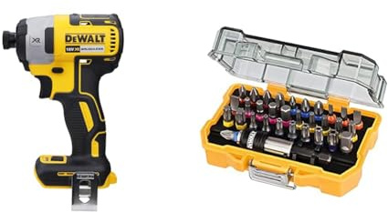 DEWALT DCF887N XR 18V 3 Speed BL Impact Driver Naked-Body ONLY, 18 W, 18 V, Multi, Bare Unit & DT7969-QZ, 32 Piece XR Professional Magnetic Screwdriver Bit Accessory Set, Yellow