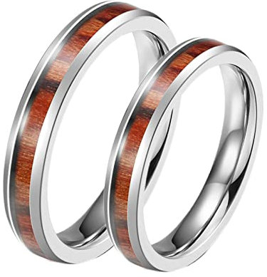 Bishilin Eheringe Paar Edelstahl mit Gravur, Silber Ringe 4MM mit Holz Damen Gr.57 (18.1) + Herren Gr.57 (18.1), Verlobungsringe Freundschaftsringe für 2