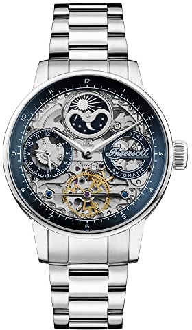 Ingersoll The Jazz 42 mm Automatik-Mondphasenuhr für Herren mit skelettiertem Zifferblatt und Edelstahlarmband