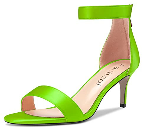 Aachcol Mujer Aguja Medio Heel Sandalias Correa Tobillo Abierta Punta Dress Zapatos Fiesta de Boda Satín Verde Lima 6.5 CM 43 EU