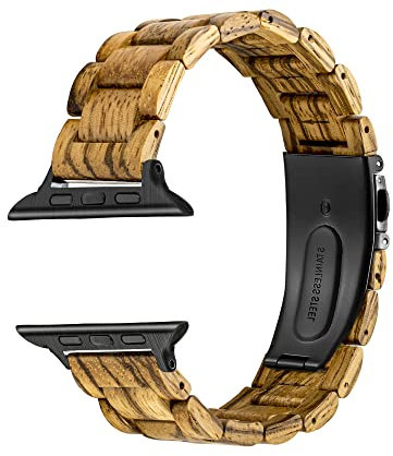 Zebraholz & Edelstahlband kompatibel mit Apple Watch 45mm 44mm 42mm, Holzgliederarmband für Männer, Apple Watch Armband Ersatz SE Serie 4 5 6 7 (42/44 mm)