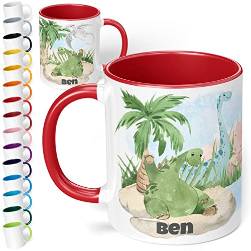 Dinosaurier Tasse mit Namen Dinos – Tasse personalisiert für Kinder – Dinotasse Kinderbecher Namenstasse für Jungen und Mädchen - schönes Geschenk & Mitbringsel Kindergeburtstag (Rot)