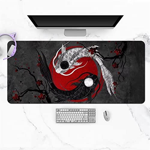 Gaming Mauspad 700x300x3mm XXL Mousepad Japanischer Koi-Fisch schwarz mit genähten Rändern,Tischmatte aus Naturkautschuk,verbessert Präzision und Geschwindigkeit,für Gamer,Büro & Zuhause