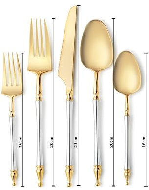 Decorline - 40 Couverts en Plastique Réutilisables Fourchettes Cuillères Couteaux - Ensemble de Couverts pour 8 Invités - Dîner Salade Soupe Thé - Poignée Robuste - Paillettes argent avec dessus doré