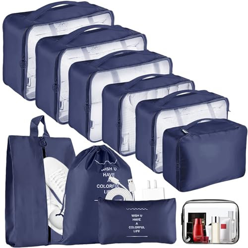Koffer Organizer Packing Cubes für Kleidung - 10 Teiliges Kleidertaschen, Packwürfel Set Reise Würfel, Packtaschen mit Kosmetiktasche, wasserdichte Schuhe Beutel, Travel Essentials (Navy blau)