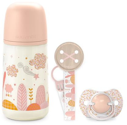 Suavinex Set Regalo Neonato, Regalo Bimbo con Biberon 270 ml Flusso Medio, M, Ciuccio 0/6 Mesi e Catenella Porta Ciuccio in Tessuto, per Bambini 0/6 Mesi, Tettarelle in Silicone Sx Pro, Dreams Rosa