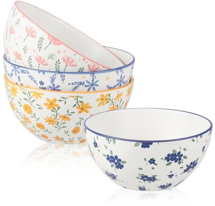 Cuencos Sopa Bol Cereales Desayuno - Juego de 4 Tazones Desayuno Colores con Motivos Florales - Cuenco Comida Ceramica - Set de Bols para Ramen | Arroz | Ensalada | Consomé | Gazpacho - 15 cm - 700 ml