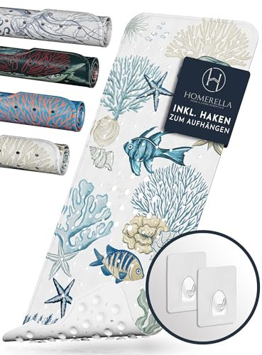 Homerella® Badewannenmatte rutschfest 100% BPA frei inkl. 2 Haken zum Aufhängen 100x40cm - Antirutschmatte Badewanne hautsensitiv & schimmelresistent (Neutrals Reef)
