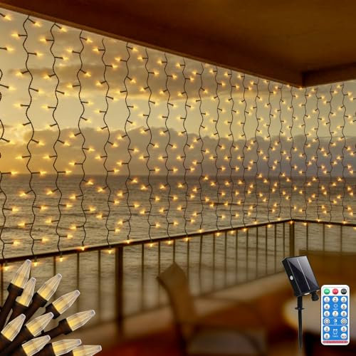 CERIAL Christmas Curtain Lights Indoor Outdoor Fairy Lights 2M X 2M 200LEDs Diamond LED Hanging Backdrop Curtain Fairy Lights Solar Waterfall Wall Light with Remote,Timer,Waterproof for Window