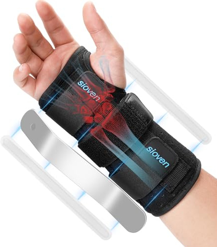 Sioven Carpal Tunnel Wrist Support Brace with 3 Straps Metal Splint Stabilizer - Carpal Tunnel Wrist Splint for Sprains, and Tendonitis (Black, Right Hand L/XL)