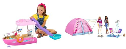 Barbie Dream Boat (111 cm) & Let's Go Camping Zelt, 2 Puppen, 1x blond, 1x schwarz, Zubehör, Hase, Eichhörnchen, Geschenk für Kinder, Spielzeug ab 3 Jahre,HGC18