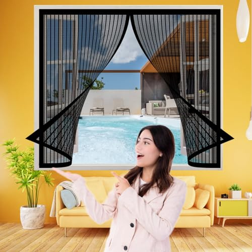 Fliegengitter Fenster Magnet 130 x 136 cm, Insektenschutz Fliegengitter Balkontür Moskitonetz Fliegennetz, Auto Schließen Magnetische Adsorption für Alle Arten von Fenstern, Schwarz
