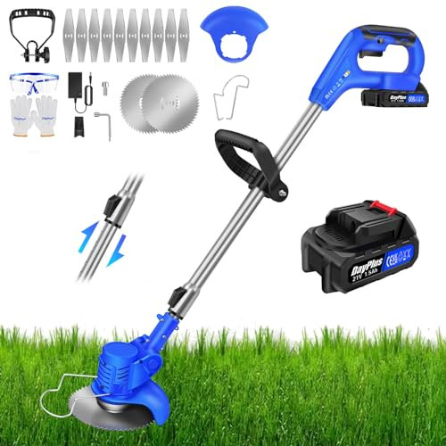 Tagliabordi a Batteria 21V Decespugliatore Elettrico con Batteria e Caricatore, con 2 Tipi di Lame, Impugnatura Regolabile, Testa Girevole 90°per Giardino Potatura, per Prato Campo da Giardino