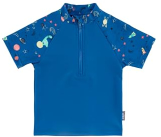 Sterntaler Badeshirt Weltraum – Jungen Schwimmshirt Kurzarm mit Weltraum-Print – UV-Schutz 50+ Sonnenschutzshirt mit Reißverschluss vorn und Stehkragen – Farbe königsblau, Größe 104