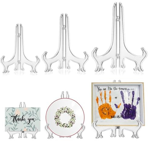 ruitao 15Pack Clear Plastic Easels or Stand / Plate Holders to Display Pictures or Other Items, 3'', 5''and 7'' Folding Plate Holder at Weddings, Home Decoration, Birthdays, Tables