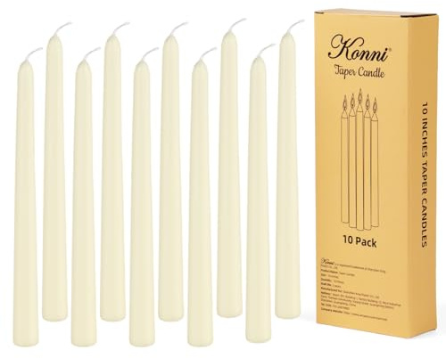 KONNI 0.87×10 Inch Ivory Taper Candles, Unscented and Smokeless Tall Candlesticks, 10 Pack Tapered Candles with Cotton Wicks, Long Burning, Ideal for Weddings, Dinner Parties, and Home Décor