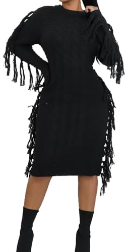 Vaceky Fringe Sweater Dress Women Turtleneck Side Tassel Cable Knit Maxi Western Dresses Black