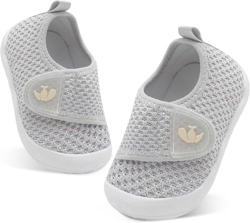 JIASUQI Baby Shoes Breathable Baby First Walking Shoes Wide Infant Sneakers Lightweight Barefoot Toddler Shoes(Grey 128,12-18Months)