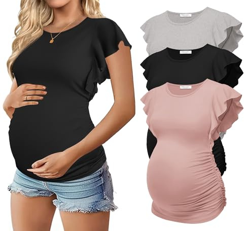 Ekouaer Maternity Shirts Short Sleeve Pregnancy Tops Summer Clothes M