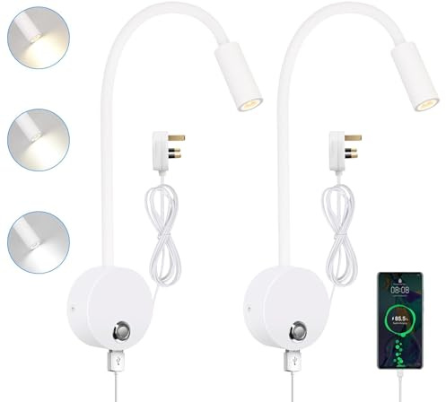 ERWEY 2Pcs Reading Lamp Wall Mounted, LED Bedside Light with Switch Touch Dimmable and USB Charging Port, Bed Reading Light 360° Swing Gooseneck Lamp with Plug and Cable for Bedroom (White)