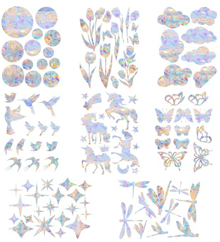 8 Stück Prism-Fenster-Abziehbilder PVC, Suncatcher Sticker Vogelschutz Regenbogen Fensterfolie Fensteraufkleber Kreisförmig Wolken Schmetterlinge Vögel Tulpen Sterne Libellen Ponys folie für fenster