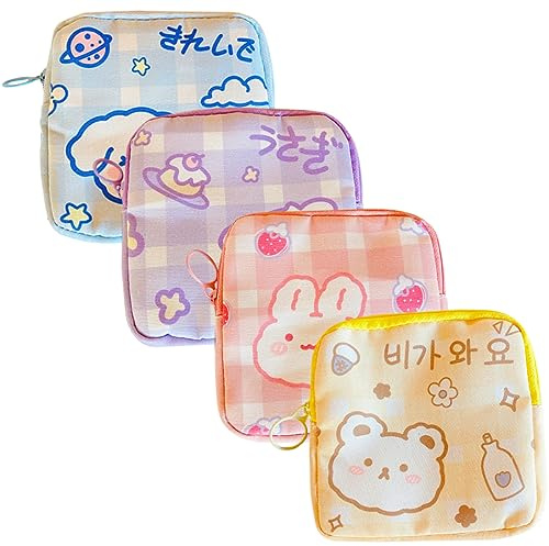 GOOHOCHY 4 Stücke Cartoon Damenbinden Organizer Tasche Hygienebeutel mit Reißverschluss Tragbare Menstruationsbeutel für Damen Aufbewahrungstasche für Binden Praktisch für Reisen und Alltag