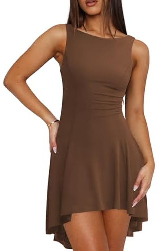Sukiglam Vestido Sexy Mujer sin Mangas Cuello Barco Mini Vestidos Ajustado Elegante Irregular Dobladillo con Volantes Vestido Corto Verano Casual Slim Fit Swing Vestidos de Fiesta Cóctel Club