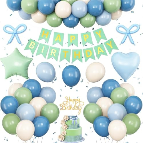 Blaue und grüne Geburtstagsdekorationen, staubiger blauer Salbeigrün, Banner, Sternherz, Folienballon für Jungen und Mädchen, Geburtstag, Hochzeit, Babyparty, Brautparty, Dschungel-Party-Dekorationen
