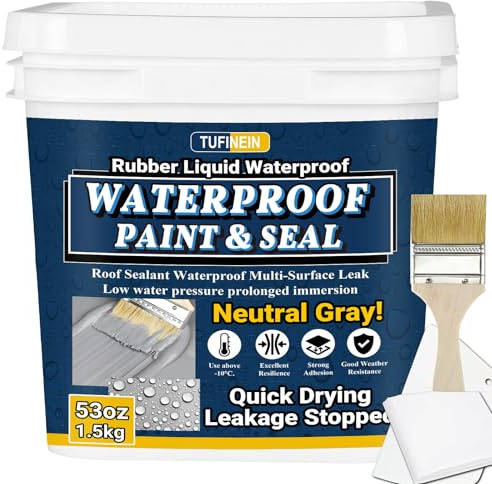 Rubber Liquid Waterproof Sealant, TUFINEIN 53oz/1.5kg Neutral Gray Quick Drying Multi Surface Foundation Leak Repair - Roof Gutters Basement Sealer Waterproof - Indoor & Outdoor Flexible Rubber Paint