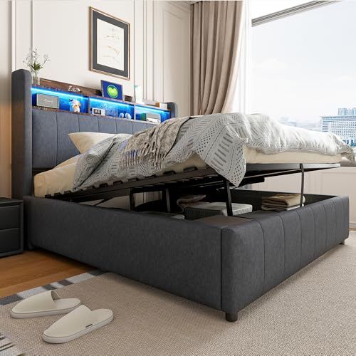 Laxnb Bett 140x200 cm Polsterbett Doppelbett, Jugendbett Betten mit Stauraum, Kopfteil mit LED&USB und Regal, Hydraulisches Stauraumbett Bettgestell Bett mit Lattenrost, Leinen Grau, Ohne Matratze