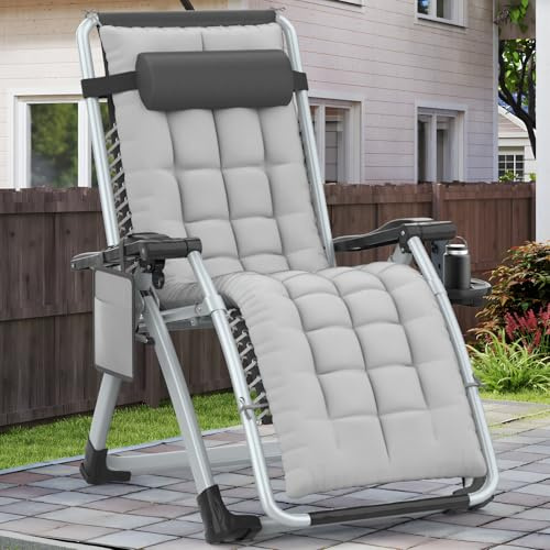 Ferghana Zero Gravity Liegestuhl Klappbar mit Polster und Getränkehalter – Gartenliege, Balkonliege, Terrassenstuhl für Garten, Strand, Pool – Hellgrau,107x65x71cm