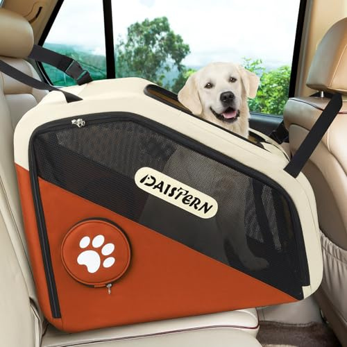 DAISTERN Faltbare Hunde Transportbox für Auto&Reisen Braun | Tragbare Softbox für kleine&mittelgroße Hunde, Schnell zusammenklappbar, Metallgestell, Netzfenster & Handöffnung