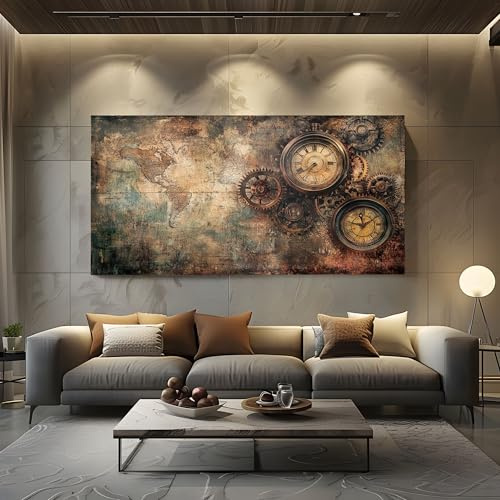 ZORYAN Bilder für die Wand Steampunk Mechanische Leinwandbilder Groß für | Schlafzimmer Nostalgische Karte Wandbild für Wohnzimmer, XXL Kunstdruck auf Leinwand Retro Uhr 80x160cm Wanddeko Kunst