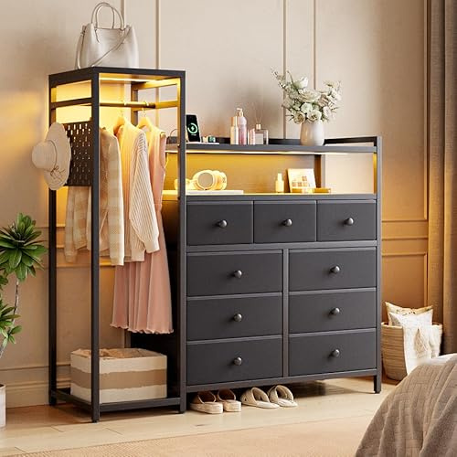 Seetech 9-Drawer Dresser with Hanging Rack, 63 W Dressers with Wooden Top for Clothes Storage, Fabric Dresser with Charging Station & LED Lights,Fabric Chest of Drawers for Bedroom (Black)